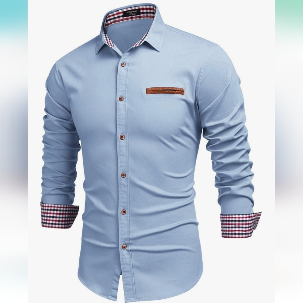 Men's Casual Dress Shirt Button Down Long-Sleeve Plaid Collar